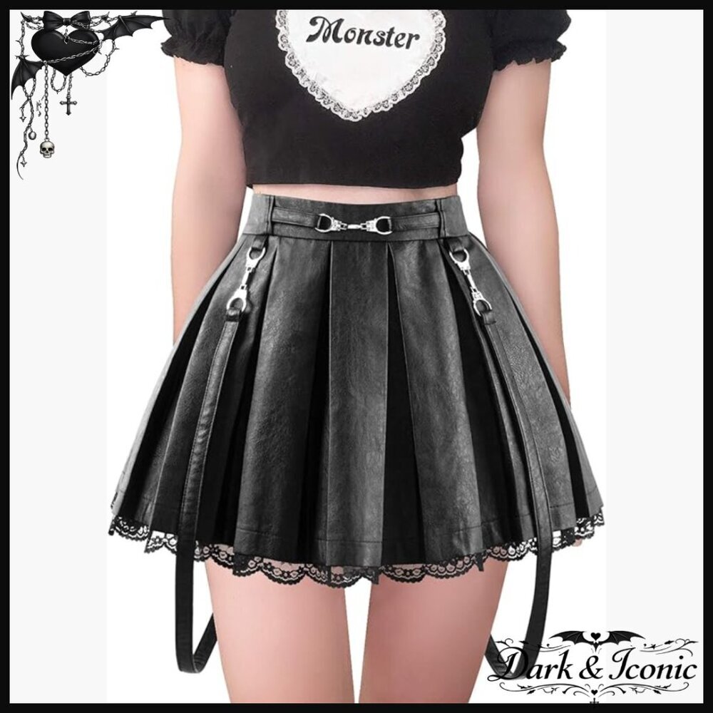 Faux Leather Mini Skirt with Lace Trim, Pleated A-Line Flared Style